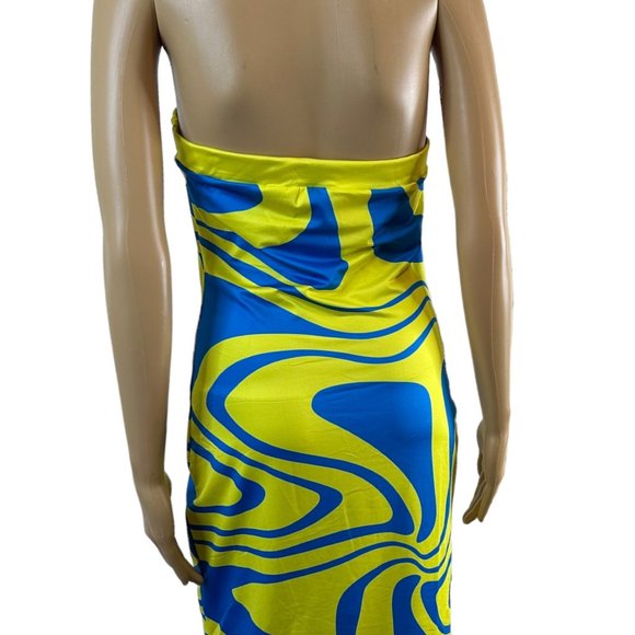 Women Bodycon Strapless Dress Large Yellow Blue Midi Stretch Backless - Picture 5 of 15